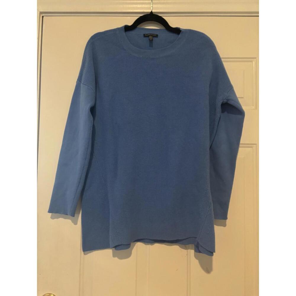 Women's sz L Eileen Fisher blue ribbed long sleeve sweater #1057